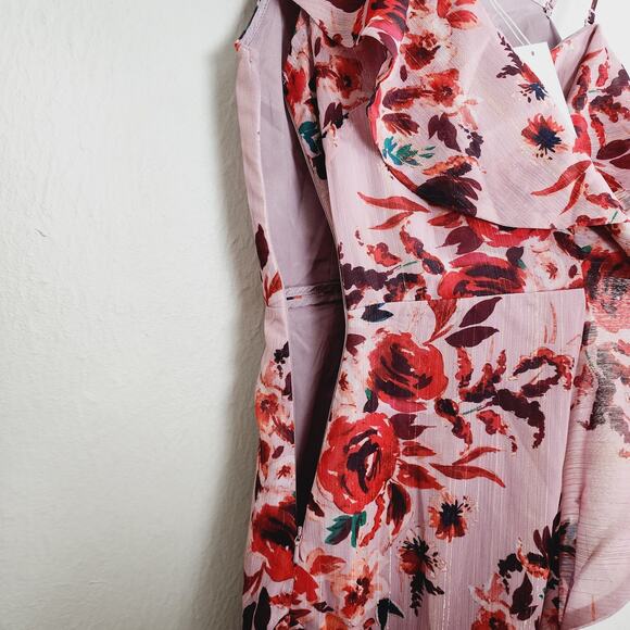 Lovers + Friends Stacey Ruffle Midi Dress Pink Red Floral Asymmetric Small NWT - Picture 13 of 15